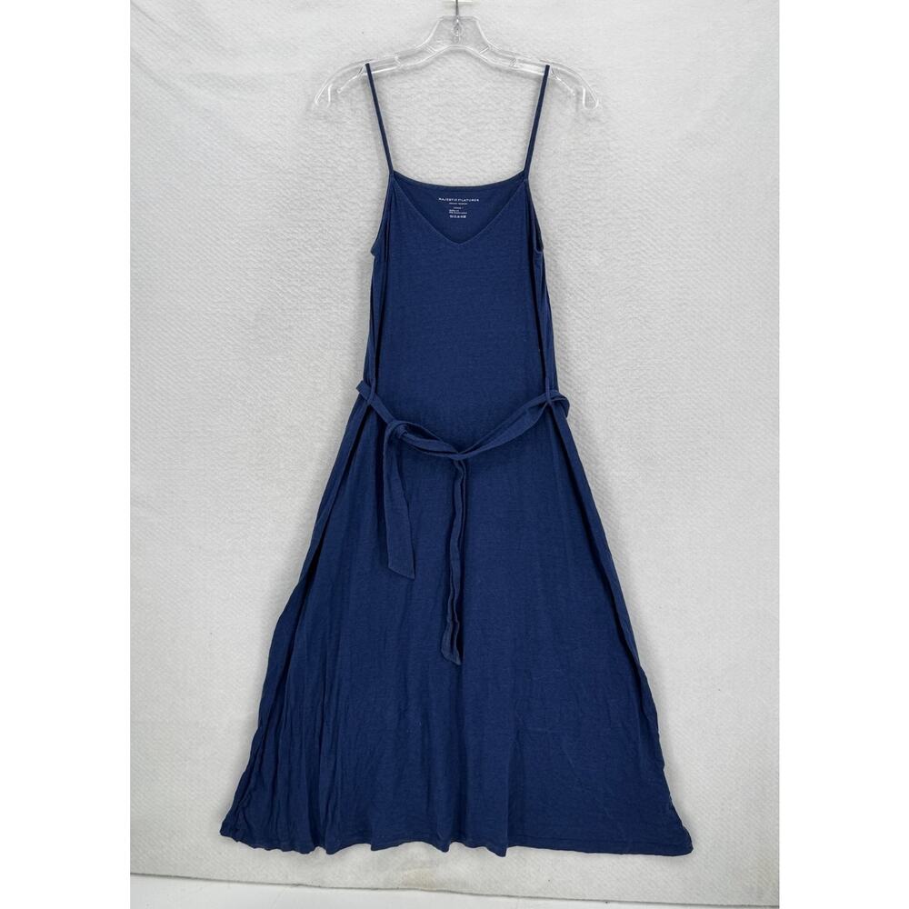 Majestic Filatures Blue Linen Stretch Spaghetti Straps Tie Waist Tank Dress Sz 1